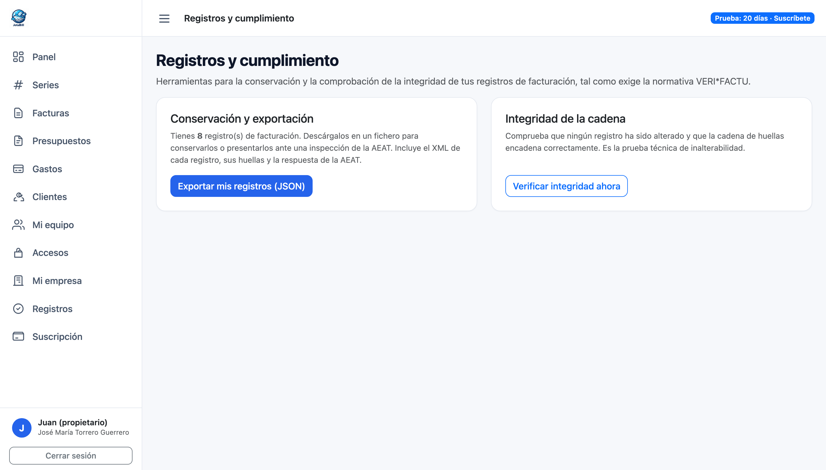 Se registra y se envía sola a la AEAT — JotaBill